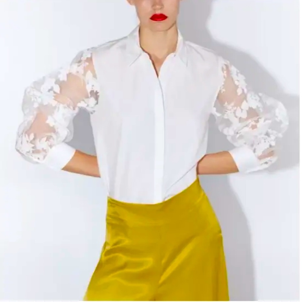 ZARA White Sheer Balloon Floral Organza Sleeves Shirt Size Small